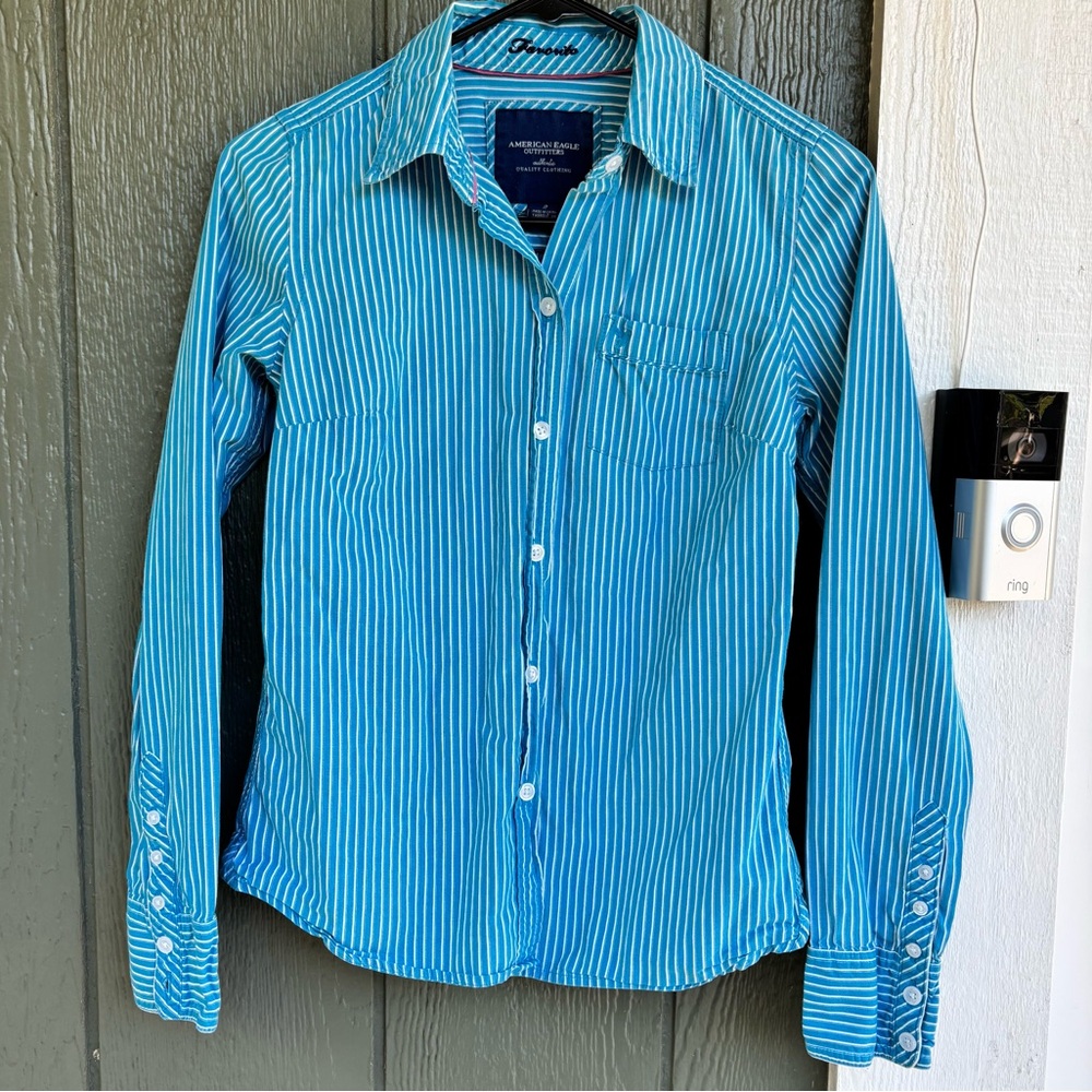 Retro American Eagle Blue Striped Button Down Shirt